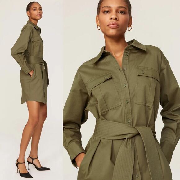 Marissa Webb Collective Shirt Dress Long Sleeve Belted Mini Safari Olive Green 4 - Picture 3 of 11